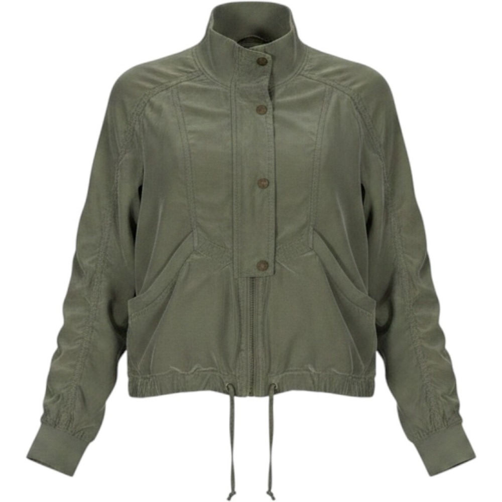 Marrakech Bomber Jacket Sz XS Olive Green Cupro Rayon Utility Zip & Snap Close
